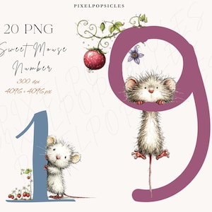 Puede incluir: Ilustración digital con los números 1 y 9, cada uno con un lindo personaje de ratón. El número 1 es azul y el número 9 es de color rosa intenso. También está presente el texto "Sweet Mouse Number".