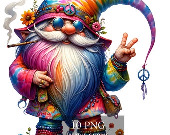 Tie Dye Hippie Gnome Watercolor Clipart: PNG Graphics (Digital Download) 1#