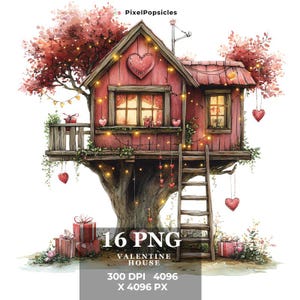 16 Valentine Treehouse Clipart, Valentine Card, Printable Watercolor clipart, High Quality PNGs, Digital download, Paper craft, junk journal