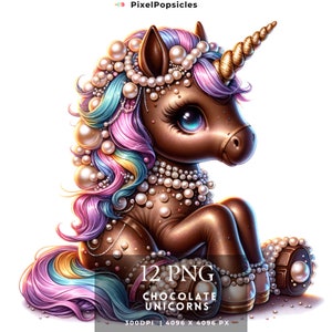 12 Unicornios de Chocolate PNG: Decoración de acuarela para guardería (uso comercial)