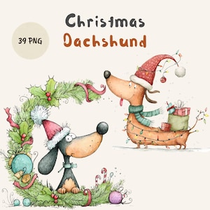 May include: Digital illustration featuring the text Christmas Dachshund and 39 PNG. One dachshund wears a Santa hat and scarf, carrying gifts and string lights. Another dachshund sits inside a wreath made of pine, holly, and ornaments.
