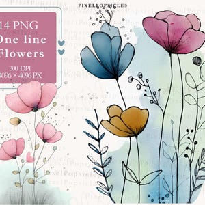 Può includere: Illustrazione ad acquerello di vari fiori rosa, blu e gialli con linee nere. L'immagine include il testo: "14 PNG One line Flowers 300 DPI 4096 x 4096 PX". I fiori sono su uno sfondo azzurro chiaro e bianco.