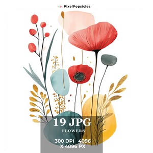 19 Boho Boho Clipart, Arte de pared con flores, Clipart de acuarela imprimible, JPG de alta calidad, Descarga digital, Manualidades de papel, Diario basura
