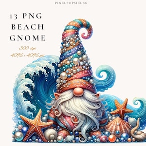 Clipart di gnomi da spiaggia, 13 PNG acquerello estivo, diario di spazzatura, creazione di biglietti, etichetta regalo, maglietta per insegnanti, immagini digitali stampabili a sublimazione