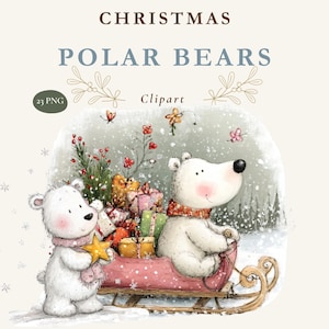 May include: Digital clipart set titled CHRISTMAS POLAR BEARS featuring 23 PNG files. The illustration shows two white polar bears, one standing holding a yellow star and one sitting in a pink sleigh filled with wrapped gifts, amidst falling snow.
