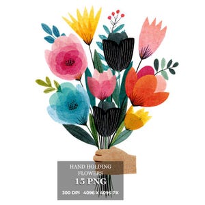 Modern Floral Bouquet Clipart , Hand Holding Flowers PNG, Watercolor Line Art Illustration, Minimal Botanical Print, Digital Download Card
