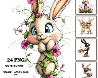 Puede incluir: Un lindo conejito blanco con ojos rosados y una nariz rosada está rodeado de enredaderas verdes y flores rosas. El conejito está de pie sobre sus patas traseras y tiene sus patas delanteras cruzadas. El conejito está mirando al espectador.