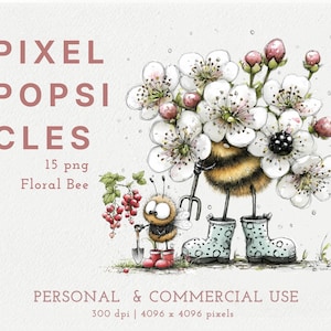 Akvarell blommig bi-clipart: Nyckfull söt humla PNG för barnrumsdekor och scrapbooking