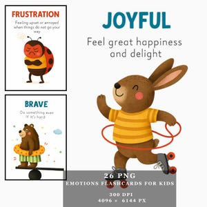 26 cartes mémoire d'émotions pour enfants - Cartes de sentiments imprimables haute résolution PNG Chouette curieuse, ours honteux et souris aimante - Ressource de pleine conscience SEL