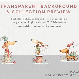 May include: Three watercolor illustrations of dachshunds with holiday themes. One wears a green hat and scarf on a chimney, another a green sweater and scarf on a chimney, and the third a red hat carrying gifts with string lights.