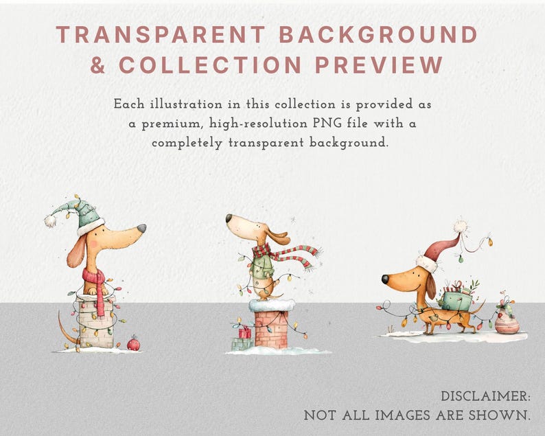 May include: Three watercolor illustrations of dachshunds with holiday themes. One wears a green hat and scarf on a chimney, another a green sweater and scarf on a chimney, and the third a red hat carrying gifts with string lights.