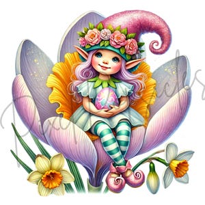Easter Elves Watercolor Clipart: Spring Flowers, Eggs PNG (commercial ...
