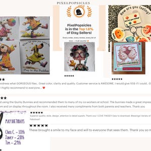 Puede incluir: Un collage de ilustraciones y productos caprichosos. Incluye tarjetas de felicitaci&oacute;n con personajes de perros, un llavero con amuletos de emociones y una tarjeta con ovejas. El texto "PixelPopsicles" es visible, junto con rese&ntilde;as de clientes.