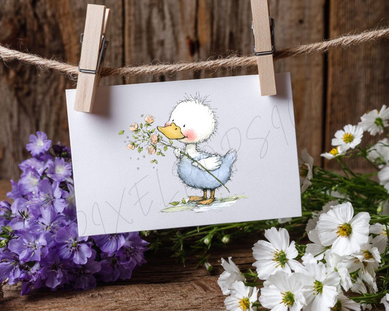 May include: A greeting card featuring a cartoon duckling in a blue outfit, holding flowers. The card is clipped to a clothesline with a wooden clothespin. The background includes purple and white flowers and a wooden surface.