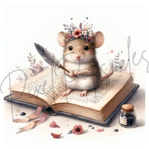 May include: A small mouse wearing a flower crown sits on an open book, holding a quill pen. The book has aged pages with handwritten text. There are pink flower petals and a small bottle of ink on the table.