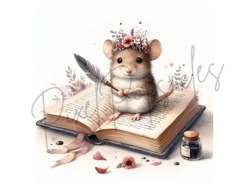 May include: A small mouse wearing a flower crown sits on an open book, holding a quill pen. The book has aged pages with handwritten text. There are pink flower petals and a small bottle of ink on the table.