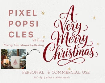 Merry Christmas Lettering Clipart, Red Watercolor Holiday Quote PNG