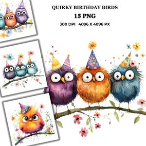 Quirky Birthday Birds Clipart – Funny Watercolor Bird Illustrations for Cards, Invitations, T-Shirts, Crafts & Digital Projects