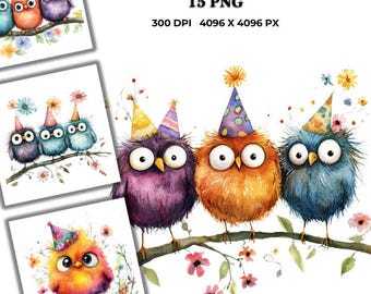 Watercolor Birthday Birds Clipart: Funny PNG Illustrations