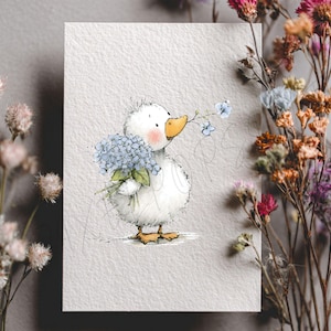 May include: A watercolor illustration of a white duckling holding a bouquet of blue flowers. The duckling has a yellow beak and feet, and a blush on its cheeks. The artwork is on a textured, off-white paper, with dried flowers in the background.