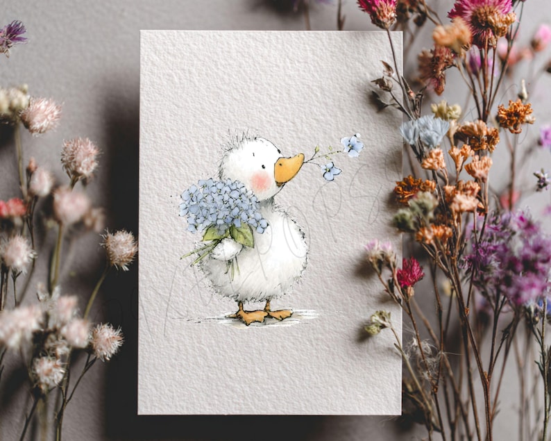 May include: A watercolor illustration of a white duckling holding a bouquet of blue flowers. The duckling has a yellow beak and feet, and a blush on its cheeks. The artwork is on a textured, off-white paper, with dried flowers in the background.