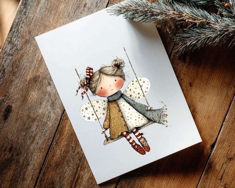 May include: A whimsical illustration of a fairy on a swing. The fairy has brown hair, rosy cheeks, and is wearing a brown and white dress, a blue scarf, and red and white striped socks. The fairy's wings are white with gold stars.