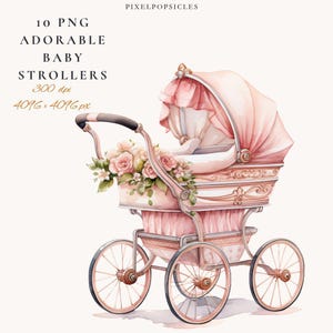 Clip art de cochecito de bebé en acuarela: Cochecito floral rosa PNG (Descarga digital) 1#