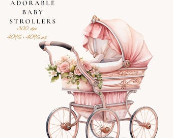 Watercolor Baby Stroller Clipart: Pink Floral Pram PNG (Digital Download) 1#