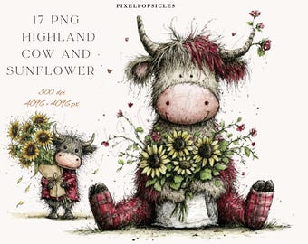May include: Watercolor illustration featuring a Highland cow with a bouquet of sunflowers. The cow is depicted with a red and black plaid pattern and a smiling face. The image includes the text "17 PNG Highland Cow and Sunflower".
