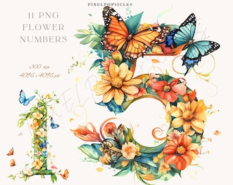May include: Watercolor floral numbers one and five, adorned with butterflies and flowers in shades of orange, yellow, and blue. The numbers are surrounded by green leaves and floral accents. The text "11 PNG FLOWER NUMBERS" is at the top.