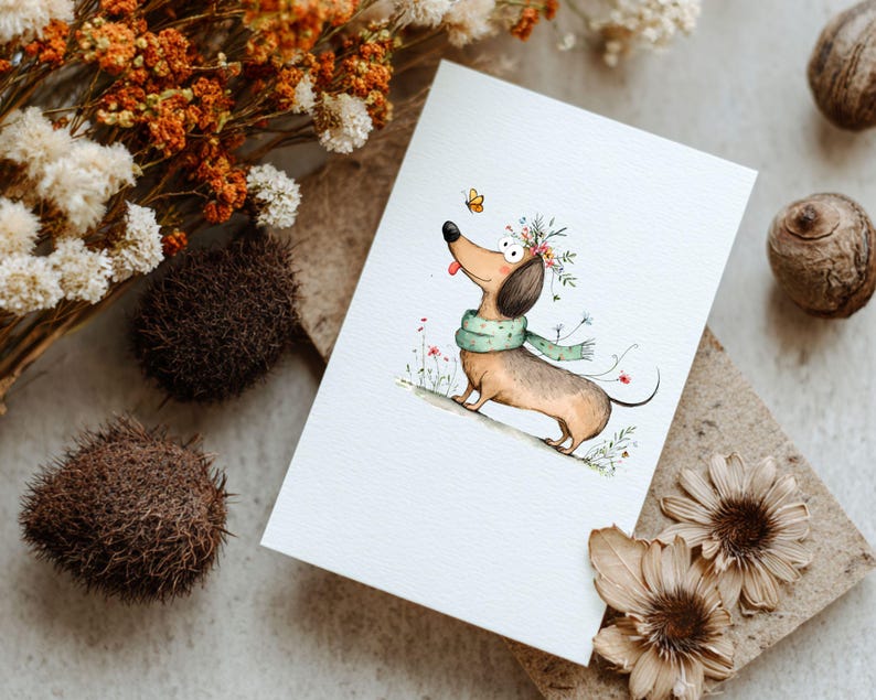 May include: A watercolour illustration of a dachshund wearing a green scarf and a floral crown. A yellow butterfly hovers near the dog's nose. The dog is on a white card, surrounded by dried flowers and decorative elements.
