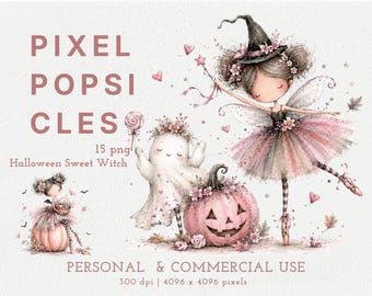 Clipart di Halloween dai colori pastello, grafica di una dolce fata strega, fantasma di zucca rosa