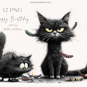 Op de afbeelding: Digitale illustratie met twee cartoon zwarte katten met expressieve gezichten. Eén kat heeft een veer in zijn oor, de andere een kaars. De tekst "Happy Birthday" staat boven de katten.