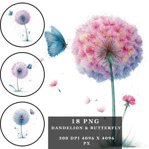 Clipart lunatique de pissenlit et de papillon 18 PNG aquarelles - illustrations florales de rêve sur fond transparent pour travaux manuels, art mural de cartes