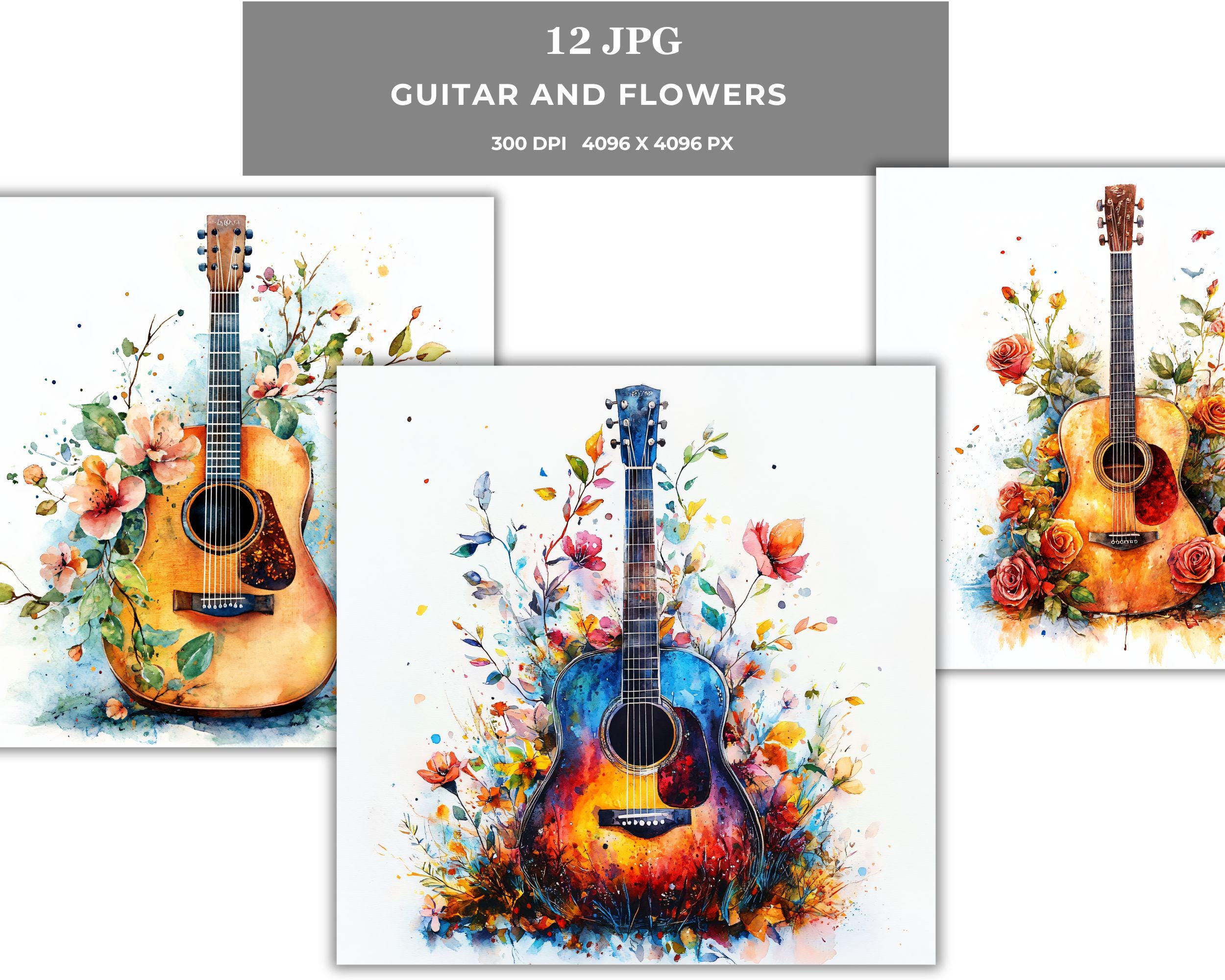 Watercolor Guitar Wildflower Art Print: Boho Floral Music Wall