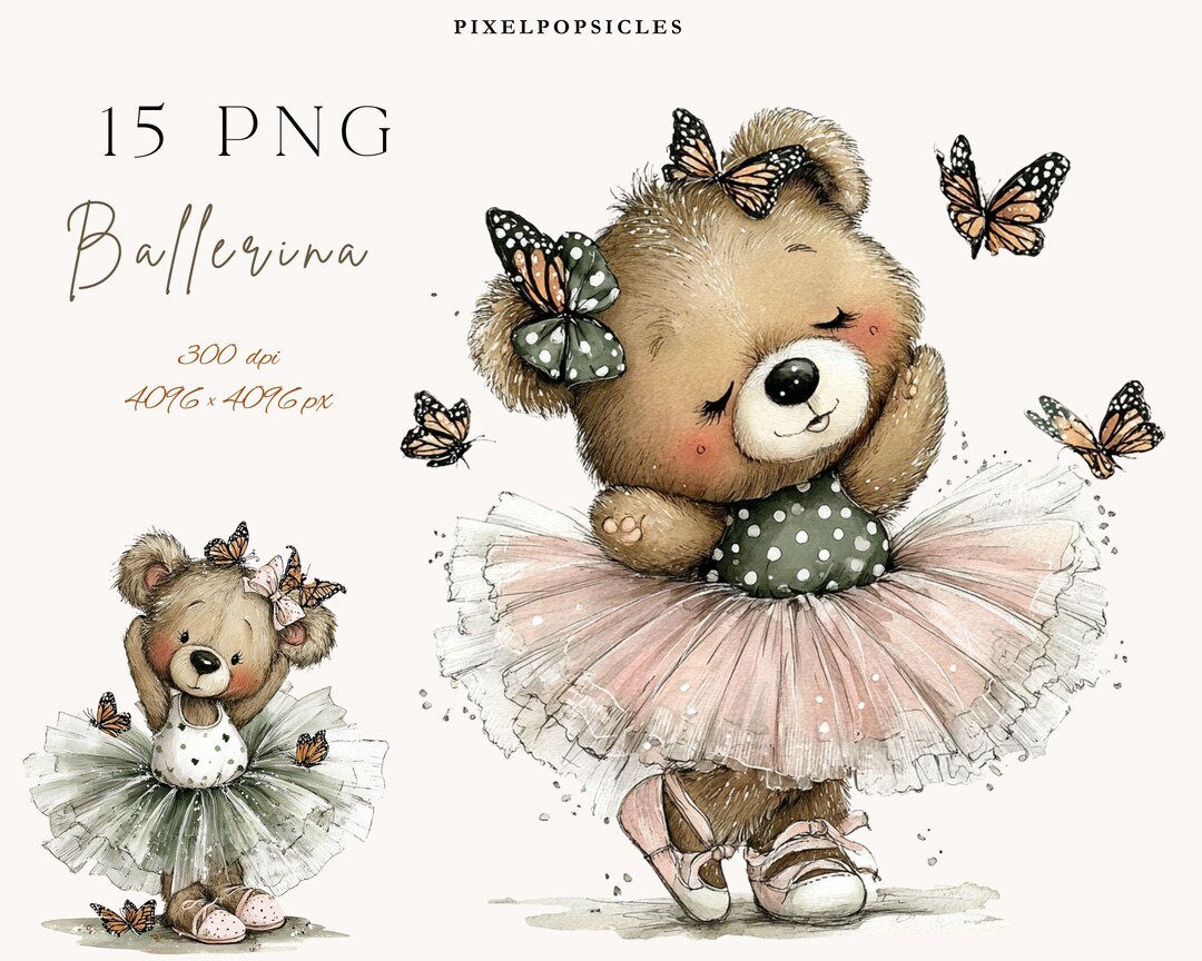 Watercolor Ballerina Teddy Bear Clipart Set | 15 PNG | Ballet Bear With ...