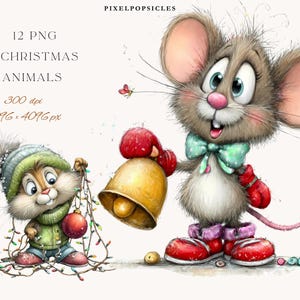 Può includere: Un'illustrazione stravagante di due animali dei cartoni animati, un topo e uno scoiattolo, in abiti festivi. Il topo indossa scarpe e guanti rossi, tenendo una campana d'oro. Lo scoiattolo è vestito con un cappello e una giacca invernali, con luci natalizie e un ornamento rosso. Il testo recita "12 PNG CHRISTMAS ANIMALS".