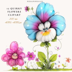 Udda blommor Clipart: Nyckfull blommig digital konst PNG fantasi blomning illustration kawaii förtrollad akvarell magisk söt