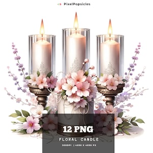 Floral Candle Clipart - 12 High Quality PNGs, Memory Book, Junk Journals, Scrapbooks, Digital Planners, Commercial Use, Digital Download