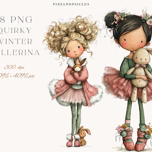 Puede incluir: Ilustración en acuarela de dos bailarinas de invierno caprichosas. Una bailarina tiene cabello rubio rizado y usa un abrigo y tutú rosa, sosteniendo un conejito. La otra bailarina tiene cabello oscuro y usa una blusa verde y un tutú rosa, sosteniendo un conejito. El texto dice "18 PNG Quirky Winter Ballerina".