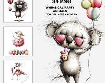 Whimsical Party Animals PNG Set for Birthday Crafts & Decor, Decor Sublimation Designs, Quirky Creatures Clipart, Celebration Illustration