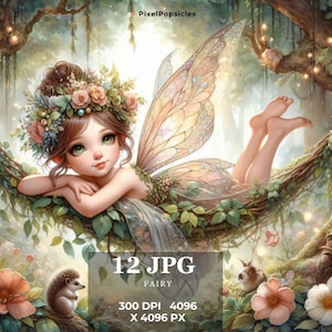 12 lindos cliparts de fadas em aquarela - downloads de imagens digitais em Jpg de fantasia para criação de cartões, scrapbook, diário de recortes e artesanato em papel