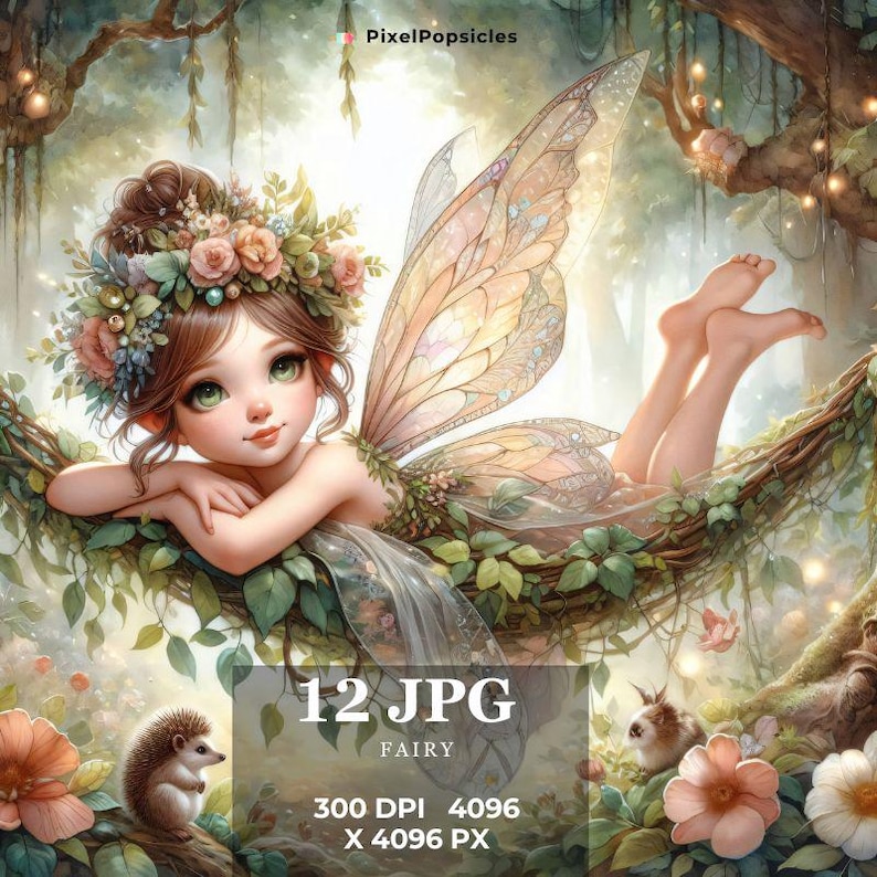May include: A digital painting of a fairy with large, iridescent wings, lying on a branch in a forest. She is wearing a flower crown and has green eyes. There is a hedgehog and a small bird in the foreground.