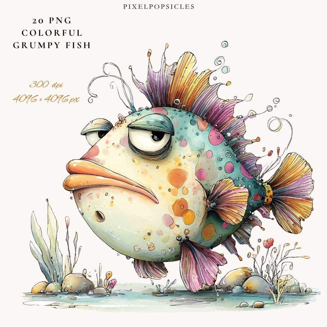 Grumpy Fish Art Print: Funny Sea Animal Kids Room Decor (digital ...