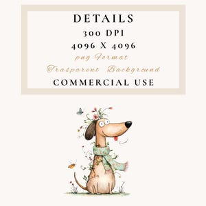 May include: A charming watercolour illustration of a dachshund dog wearing a floral crown and a green scarf. The dog has a long snout and a joyful expression. The image includes the text "DETAILS" and "COMMERCIAL USE".