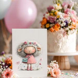 May include: A greeting card featuring a cartoon sheep wearing a pink dress, flower crown, and carrying a teal purse. The background includes a cake with flowers, balloons, and floral arrangements, suggesting a birthday or celebration theme.