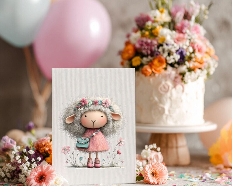 May include: A greeting card featuring a cartoon sheep wearing a pink dress, flower crown, and carrying a teal purse. The background includes a cake with flowers, balloons, and floral arrangements, suggesting a birthday or celebration theme.