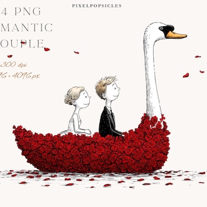 May include: An illustration of a romantic couple in a swan-shaped boat filled with red roses. The swan has a long white neck and a black and orange beak. The couple is dressed in wedding attire. The image includes the text "24 PNG ROMANTIC COUPLE".