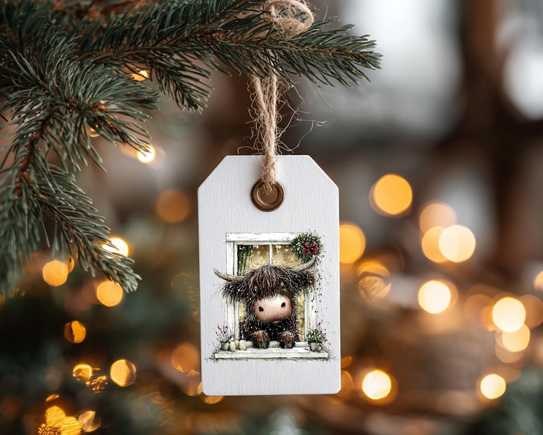 May include: A white wooden tag with a watercolor illustration of a Highland cow peering out of a window, adorned with a small wreath. The tag is suspended by a natural twine string and a brass eyelet, perfect for holiday decor.