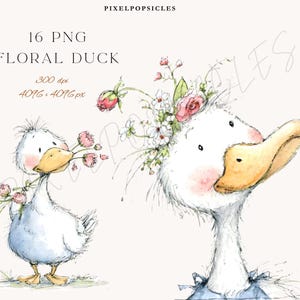 May include: Watercolor illustration of two white ducks with floral accents. One duck holds pink flowers in its beak, while the other wears a floral crown. The image includes the text "16 PNG FLORAL DUCK".